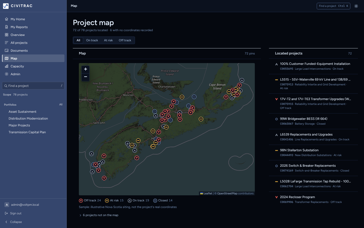 A map of projects placed at their sites across a region.