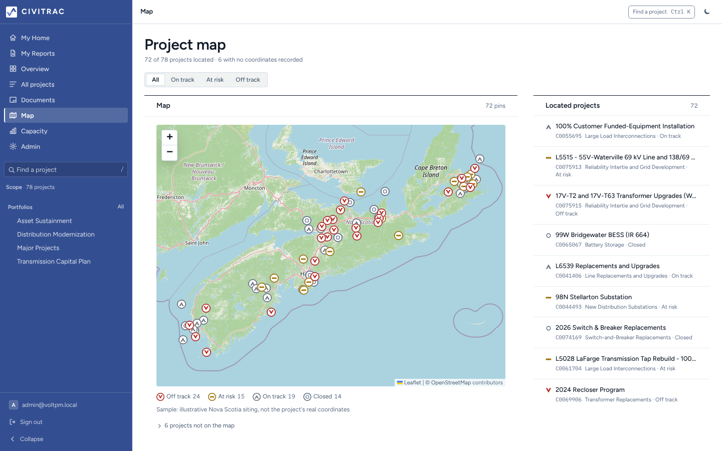 A map of projects placed at their sites across a region.