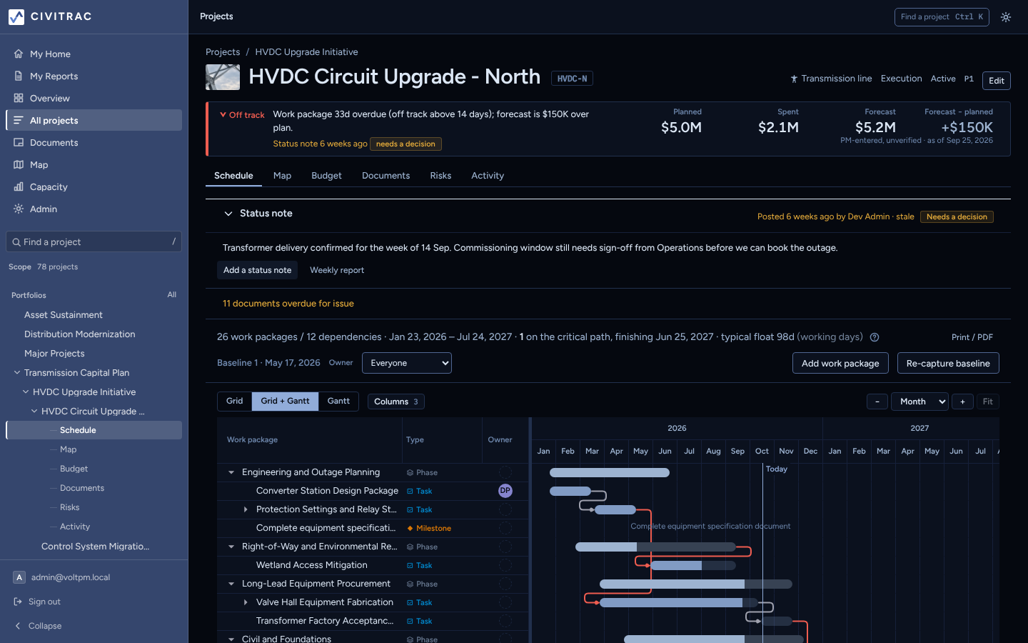 A project schedule: the work-package grid beside the gantt with the critical path drawn and the baseline behind it.