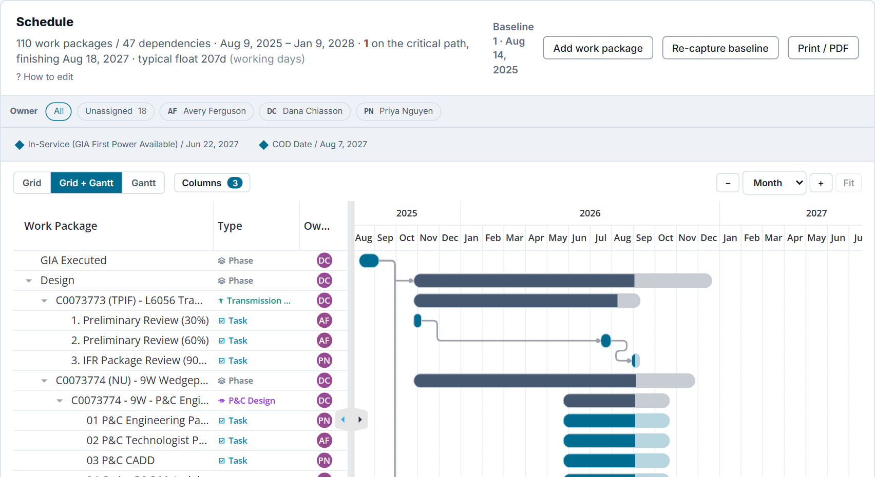 A project schedule in CiviTrac: the work-package grid beside the gantt, with the critical path, baselines and dependency links drawn.